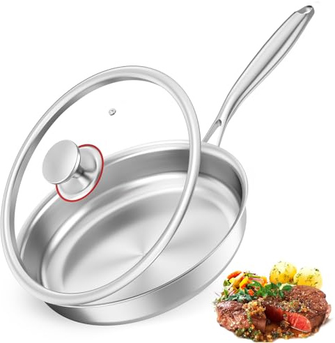 Yigowyigo Edelstahlpfanne 24cm, Unbeschichtet Edelstahl Bratpfanne mit Deckel, Pfanne Induktion Leicht zu reinigen und Spülmaschinenfest, für Alle Herdarten Geeignet