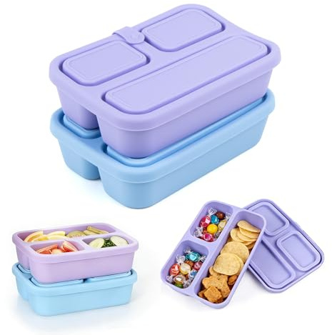 gexuamz Portamerenda Snack Box, 2 pezzi Bento Box con 3 Scomparti, Porta Pranzo Piccolo in Silicone, Portavivande Riutilizzabile, Portatile Porta Merenda per Frutta, Spezie, Biscotti, Verdure