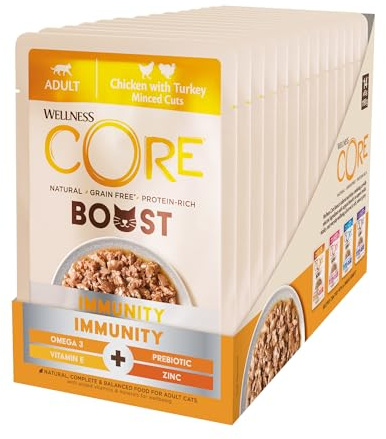 Wellness CORE Boost Immunité 14 x 85g, Poulet & Dinde – Morceaux Hachés pour Chats Adultes, sans Céréales, Naturelles, Hypoallergénique, Riche en protéines, Soutient Le Système Immunitaire