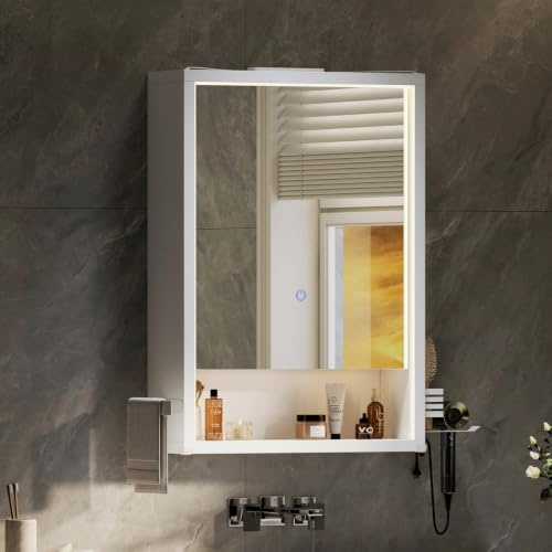 mojiasion 1-türiger 50 cm B Spiegelschrank mit LED,Steckdose & Touch-Sensor | 3 Lichtfarben dimmbar, inkl. Föhnhalter, Handtuchhalter & 4 verstellbaren Einlegeböden – Weiß