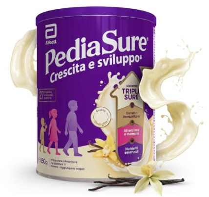PEDIASURE Crescita e Sviluppo, Integratore Alimentare per Bambini da un anno in su, Multivitaminico con 27 Vitamine e Minerali e Proteine, Confezione 850g, gusto Vaniglia