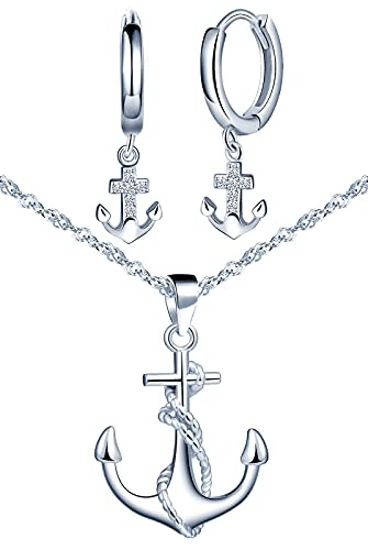 Yumilok Anker Schmuck Set, Halskette und Ohrringe Damen Mädchen, 925 Silber Halskette & Ohrring, Elegante Anker-Ohrringe Creolen, Intarsierte Zirkonia, Silber, Zirkonia, Zirkonia