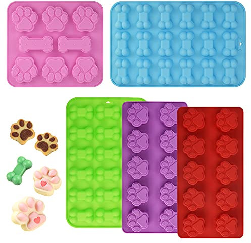 ANTHYTA Puppy Paw & Bone Silicone Molds, 5 Pcs Trays with 3 Shape 3D Puppy Dog Paw Cake Moulds DIY Baking Tools for Ice Lollies, Chocolate, Candy, Pudding