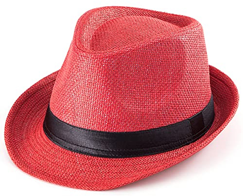 LADYBRO Sommer Stroh Trilby Hut ‌für Herren 1920er Kurze Krempe Fedora Hut, 58cm, Rot