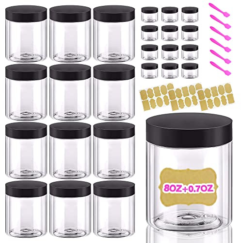 DupakSYS 12 Pack 8oz 250ml Plastic Jars with Lids + 12 Pack 20g Sample Pots | Airtight Storage Jars, For Kitchen, Spice, Cream, Cosmetic, DIY Crafts, Slime, Cake, Includes Labels & Spatulas