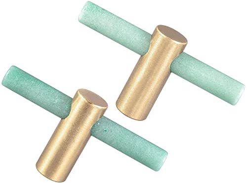 Nupuyai 2pcs Green Aventurine Crystal Stone Drawer Knobs and Pulls, Cylinder Wand Healing Stone Cabinet Knobs Brass Handles for Dresser Kitchen Decor