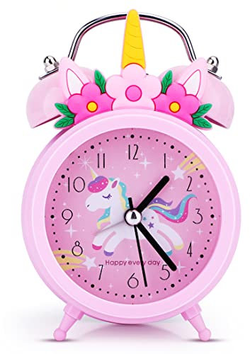 TCJJ Einhorn Wecker für Mädchen - Nicht Tickend, Leiser Nachttisch Rosa Mit Doppelglockenuhr und Hintergrundbeleuchtung - Geeignet für Schulgeschenk