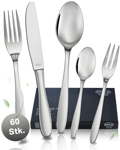 RÖSLE CULTURE Besteck Set für 12 Personen – 60-teiliges Hochglanzpoliertes Essbesteck aus Edelstahl 18/10 – Premium Geschirrset, Spülmaschinengeeignet, in Eleganter Geschenkbox | Hochglanzpoliert, mit Menümessern, Gabeln, Löffeln, Kaffeelöffeln und Kuchengabeln, spülmaschinengeeignet, in Geschenkbox