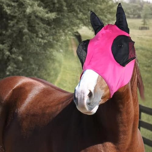 Horses, Fliegenmaske aus Lycra mit Netz Einsatz, Leichte und atmungsaktive Fliegenmaske, behindert Nicht das Sichtfeld des Pferdes, Augen- und Gehörschutz (Full, Rosa)