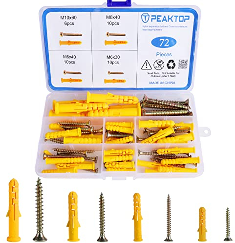 72 Dübel Schrauben Set, M6 M8 M10 Universaldübel Set mit Schrauben, Spreizdübel und Schrauben Set, Selbstschneidende Holzschrauben Senkkopf Treibschrauben für Ziegel Beton Trockenbau