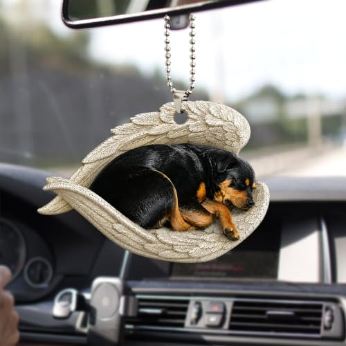 Talataca Rottweiler Metzgerhund Schlafender Engelsflügel Welpe 2D Flach Auto Rückspiegel Zubehör Weihnachtsbaum Ornament Dekoration Hängender Charm Innen Rückansicht Anhänger