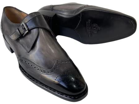 Tucci Di Lusso Mens grayish black handmade Italian leather luxury Monkstrap designer shoes (10, Monkstrap, Grey/Black)