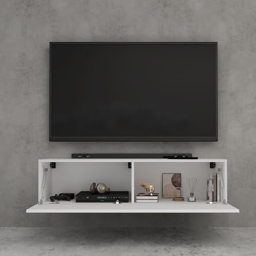 doporro TV Lowboard Schrank mit Gasdruckfedern Fernsehschrank hängend | TV Board mit Klapptür, viel Stauraum, Wand Fernsehtisch in Matt Weiß, Breite: 120 cm, Fernsehschrank02