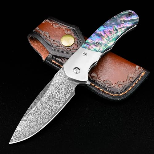 KOMWERO Damast Taschenmesser Klappmesser Hochwertig mit Gürtelclip, Damaststahl Klinge, Abalone Muschel Griff, Messerscheide - Scharfe Damast Klappmesser für Jagd Sammeln Geschenk