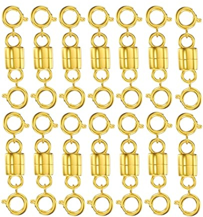 Clysoru Magnetic Necklace Clasps and Closures 14k Gold and Silver Two Spring Clasps Beads Chain Extender Necklaces Bracelet Safety Magnetic Locking Jewelry Clasp Converter (14 pcs Golden)
