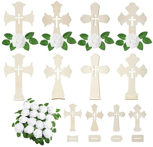 16 Stück Holzkreuz Katholische, Holzkreuz Kommunion, Holzkreuze zum Basteln DIY Kommunion Deko, Tischkreuz Desktop Ornament, Holz Kreuz Taufe Dekoration, Kleine Stehkreuz mit Basis+Blume, 4 Stile