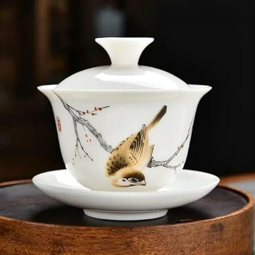 LAMPPE Bol Couvert en Porcelaine Blanche Gaiwan, Tasse à thé en céramique Peinte en Or avec Couvercle et Soucoupe, Service à thé Kung Fu en céramique Gai Wan