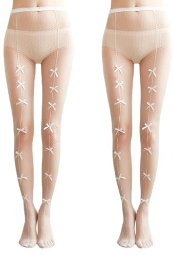 XNIVUIS 2 Paia di Collant Donna con Motivi Collant a Rete, Vita Alta Elastico Sexy Pizzo, Taglia Unica, (Bianco)