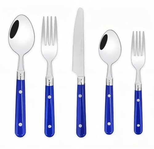 Two Nail Plastic Handle Kitchen Stainless Steel Silverware Tableware Flatware Cutlery Set Steak Knife Fork Spoon Teaspoon (Blue,5 Pieces)