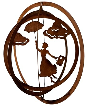 Windspiel schwebende Mary - hängende Gartendeko aus Metall in Edelrostoptik 24cm Durchmesser für Balkon und Garten