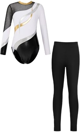 Sxiwei Gymnastikanzug Mädchen Langarm Glänzend Ballettanzug Tanz Trikot mit Gymnastikhose Leggings Sport Tanzoutfit