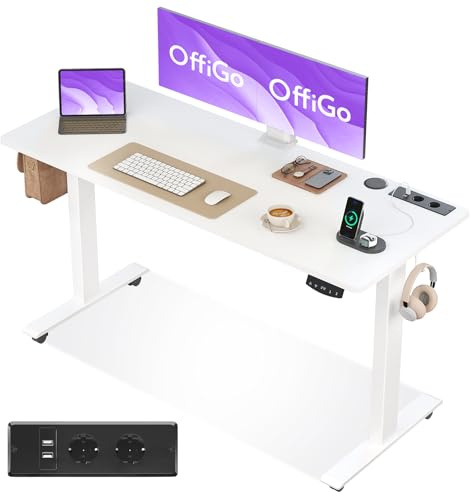 OffiGo Höhenverstellbarer Schreibtisch, 140cm Schreibtisch Höhenverstellbar Elektrisch mit USB, Standing Desk mit 2 Memory Funktion, Elektrischer Tisch für Büro, Zuhause, Blanc