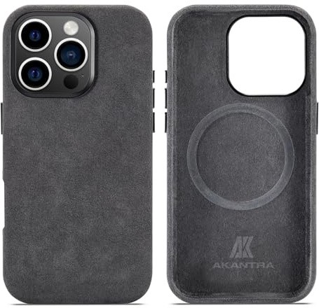 AKANTRA Alcantara Hülle für Apple iPhone16 Pro, handgefertigte, vollständig umwickelte Kunstlederhülle, kompatibel mit Magsafe kabellosem Laden (Schwarz, für iPhone16 Pro)