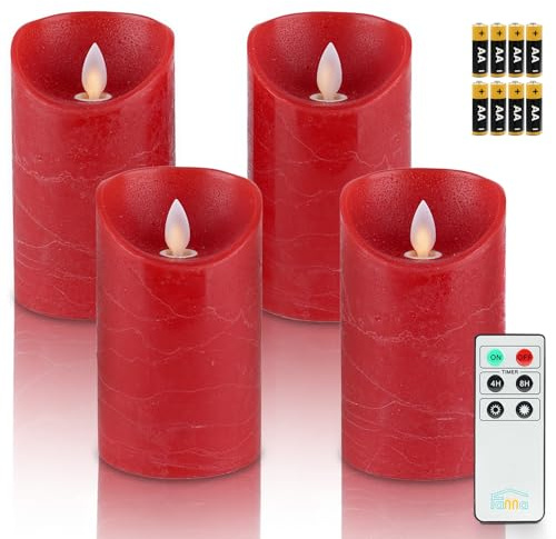 Fanna 4 Rot LED Wachskerzen Flackernde Flamme Rustik-Design für Weihnachten und Advent, Flammenlose Adventskranz LED Kerzen mit Timer, Fernbedienung und Batterien enthalten - H 12,5cm