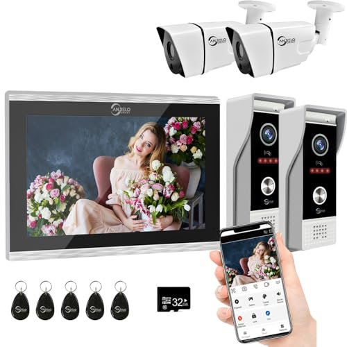 Wired Video Doorbell Apartment Intercom,1080P Doorbell and HD Camera,10Inch Full Touch Monitor System,TUYA WiFi Smart Home Video Intercom Door Phone Kits for Villa Home (2doorbell+1monitor+2camera)