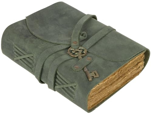 GlobeeCraft Vintage Leder Reisetagebuch Grün mit Schloss Handgemachtes Baumwollpapier Lederbuch zum Reinschreiben Notizbuch Leder für Männer und Frauen 18x13 cm
