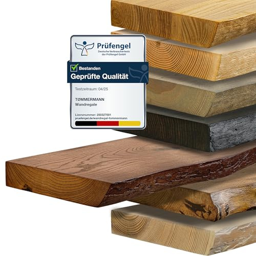 tømmermann - Wandregal mit Baumkante - massives Schweberegal Farbe Teak 40 cm Länge - Regalbrett aus Eschenholz 100% natürlich - Rustikales Wandboard mit unsichtbarer Wandmontage Massivholzbrett