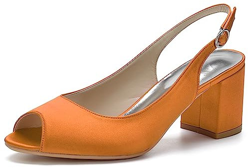 Donna Satin Peep Toe Scarpe da Sposa Slingback Sandalo da Sposa con Tacco Largo,Arancia,38 EU
