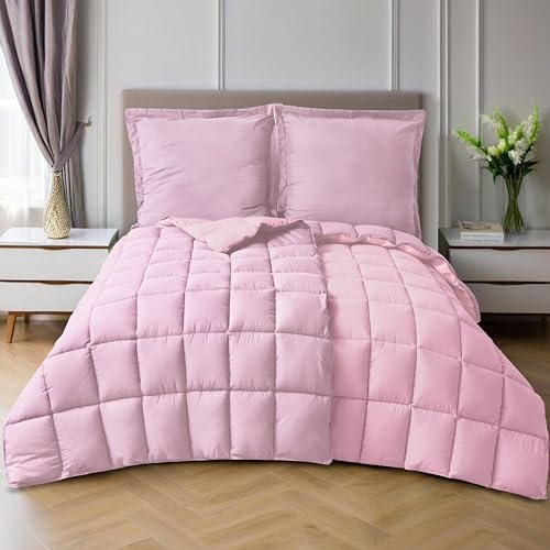 HIG 4 pièces 2 Couettes 135x200 cm pour lit 2 Personne – 250GSM Microfibre Douce Réversible avec 2 Taies d'oreiller 80x80 cm – Certifiée Oeko-Tex Couette Matelassée pour Les 4 Saisons(Rose Grisé)