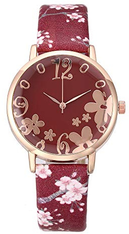 Mode kvarts studentbälte blommor kvinnor klocka tryckt liten fräsch präglad damklocka damer armbandsur, Röd, En storlek