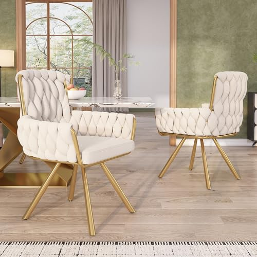 Pangshiyuan Samt-Esszimmerstuhl 2er Set mit 360°-Drehfunktion, Komfortabler Drehstuhl für Esszimmer und Wohnzimmer, Ergonomischer Sessel mit Armlehnen und stabilen Metallbeinen, Beige