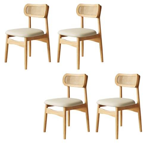 STARHMLUX Pack de 2/4/6 Sillas de Comedor Modernas de Madera Maciza con Respaldo de Ratán Tejido y Asiento Acolchado - Sillas Cocina Cómodas Original Wood+Off-White Set of 4