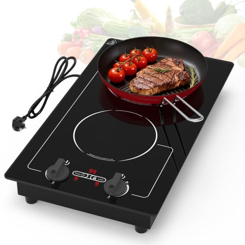 GIHETKUT Double Induction Hob, 220V 3000W hot plate with LED Touch Screen, 9 Power Levels, Kids Lock & Timer, Overheat Protection, knob and touch control induction hob 2 zone