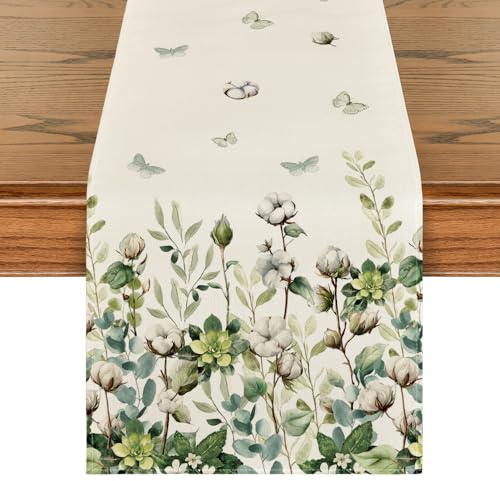 Artoid Mode Eukalyptus Baumwollblüte Schmetterling Frühling Tischläufer, Saisonnal Küche Tisch Dekoration Drinnen Urlaub Party Dekor 40x140 cm