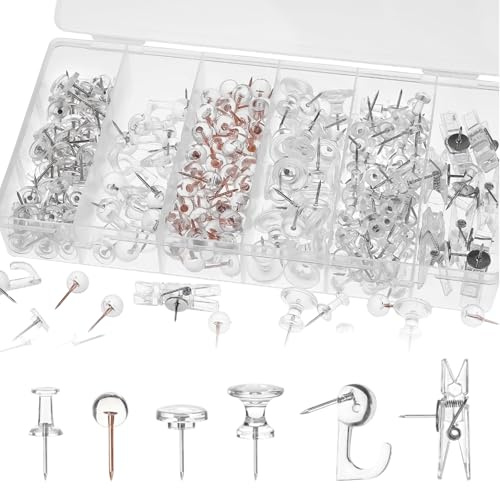 FrostyFlair 290 stycken häftstift, 6 stilar, anslagstavlor för korkbräda, transparenta push-stift för kontor och barnrum, tryckstift set för foto och kort