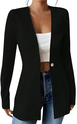 EMATOP Lang Blazerjacke Damen Open Front Cardigan Langarm Elegant Anzugjacke Casual Einfarbig Schulterjacke Baumwolle Leicht Blazer Jacke Bequem Sportlich Bürojacke Knopf Sweatblazer