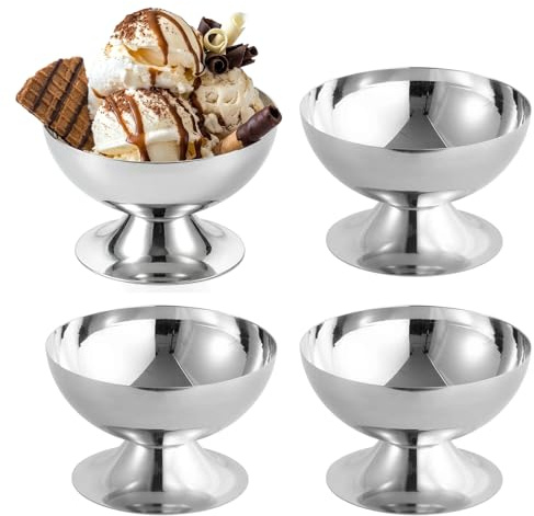 4 Stück Eisbecher Edelstahl, Edelstahl Dessertbecher Mit Fuß, Eisschalen 180ml, Ø10cm, Ice Cream Sundae Dessertgläser für Obst Salat Joghurt Fruchtpudding, ideal für Hochzeit Party Café & Restaurant