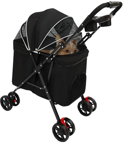 Carrello pieghevole per cani e gatti nero per cani e gatti fino a 10 kg passeggino per gatti 60 x 33 x 38 cm, 4 ruote con freno, pieghevole