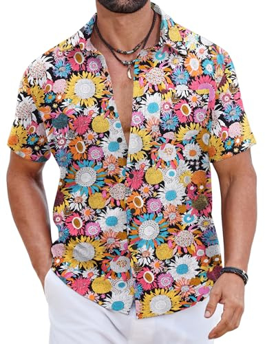 COOFANDY Camicia hawaiana da uomo 100% cotone, camicia estiva a maniche corte con bottoni, top tropicale da spiaggia, taglio regolare, Girasole, XL
