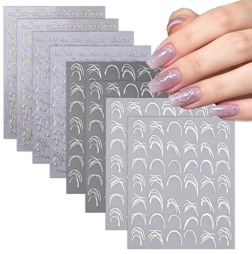 8 ark franska nagelstickers med oregelbundna linjer | Guld Silver Vit minimalistisk nageldesign | Metalliska klistermärken med linjemotiv
