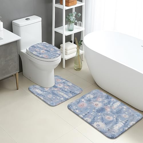 Badematte mit Blumenmuster, schnell trocknend, Vintage-Stil, blaue Blumen, Farne, saugfähig, rutschfest, Frühlingsdekorativ, waschbar, Badteppiche für Badezimmer, WC, WC, 3-teiliges Set