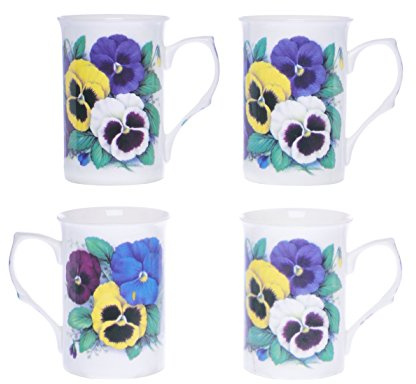 HAND DECORATED SET OF 4 BONE CHINA BEAKERS/ MUGS PANSY MUGS PRESENTATION GIFT BOXED- lovely gift, KIRSTY JAYNE CHINA, HAND DECORATED