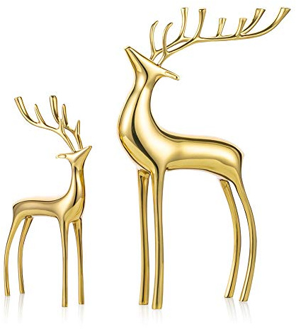 Sziqiqi Reindeer Figurine Statues Deluxe Set of 2, Christmas Deer Pure Copper Heavy Reindeer Ornaments for Home Decor Accents Living Room Office Bookself Tabletop Mantle Christmas Decoration, Gold