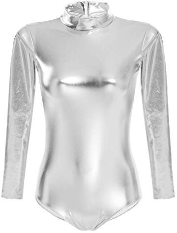 IBTOM CASTLE Ballettanzug Damen Frauen Langarm Body Ballett Trikot Turnanzug Gymnastikanzug Tanzen Bodysuit Tanztraining Gymnastik Kostüm Einteiler Metallic One Piece Leotards Oberteile Silber M