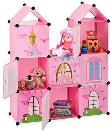 Relaxdays Steckregal Kinderzimmer, Prinzessinnenschloss, Kunststoff, DIY Schrank mit Türen, HBT: 128 x 110 x 37 cm, rosa