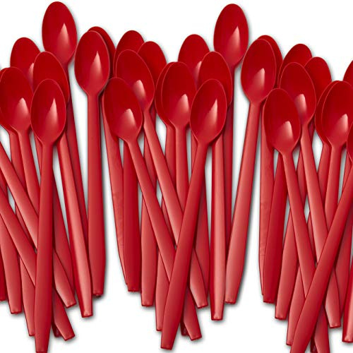 Extra Sturdy, Super Fun Red 8in Sundae Spoons 500ct Heavy Duty Disposable Plastic Utensils for Ice Cream, Milkshakes, Tea and Floats. Best Long Spoon for Stirring Cocktails and Tall Iced Beverages